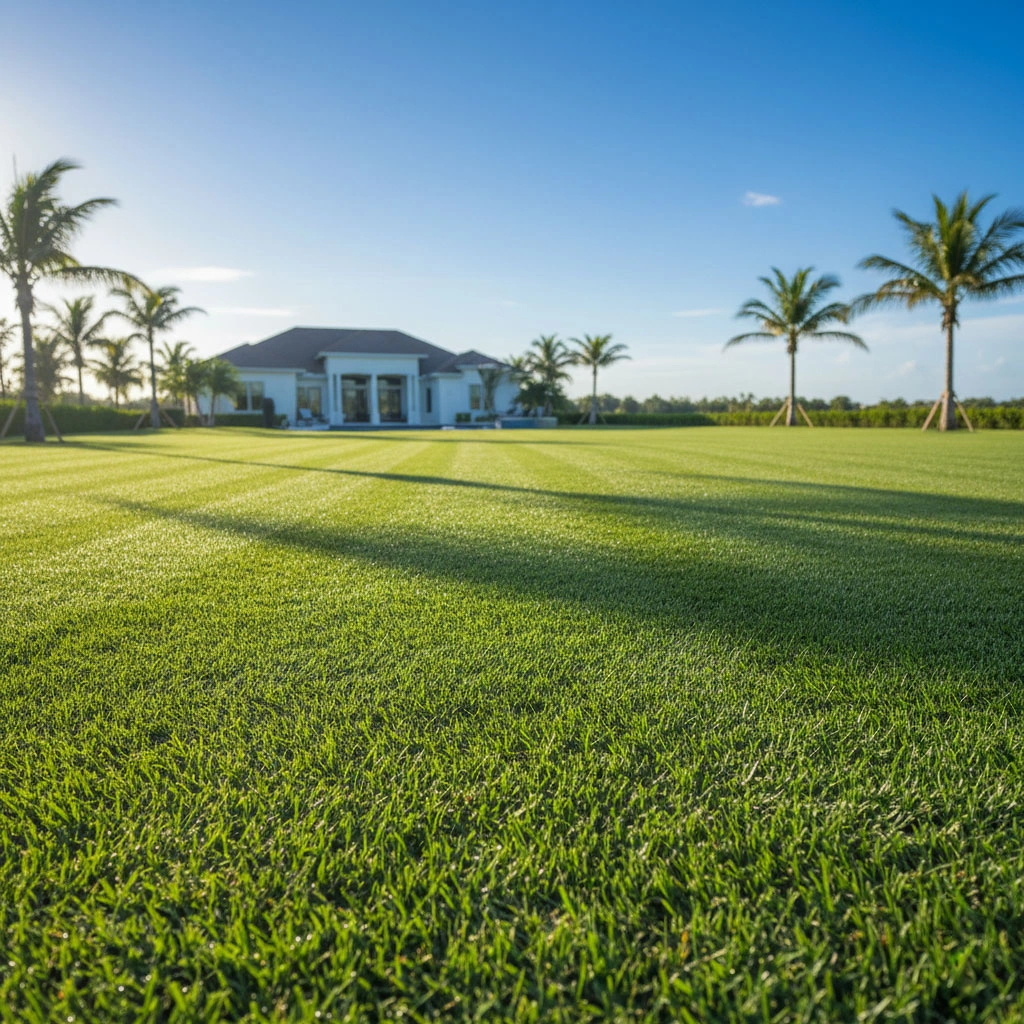 Freshly mowed Florida lawn with clear stripes in the grass.