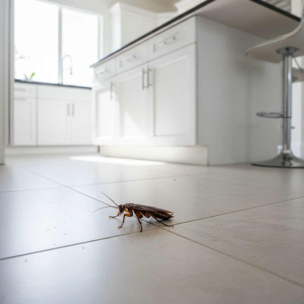 Cockroach in corner of a clean Florida kitchen tile floor.