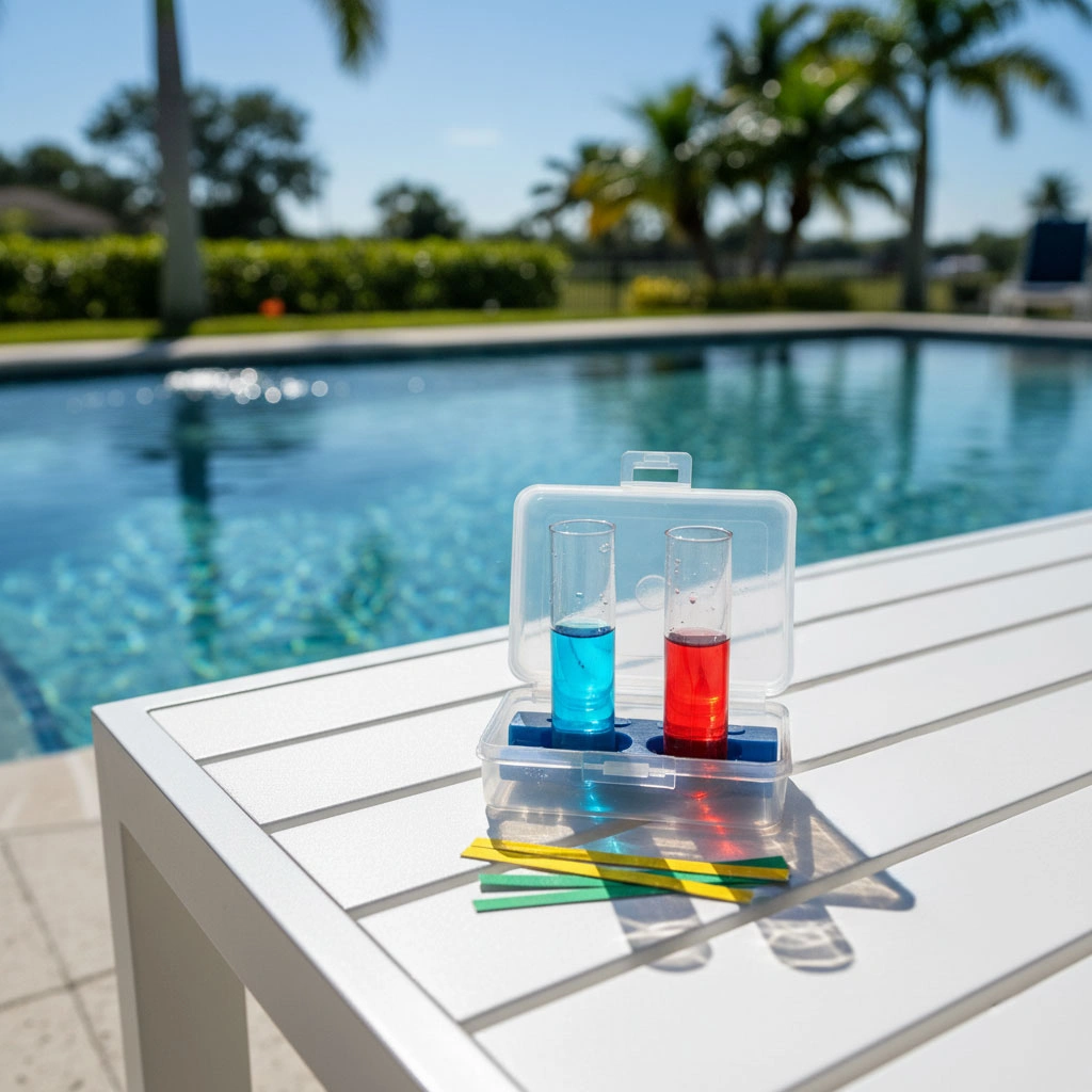 Pool chemical balancing kit on a table beside a Florida pool.