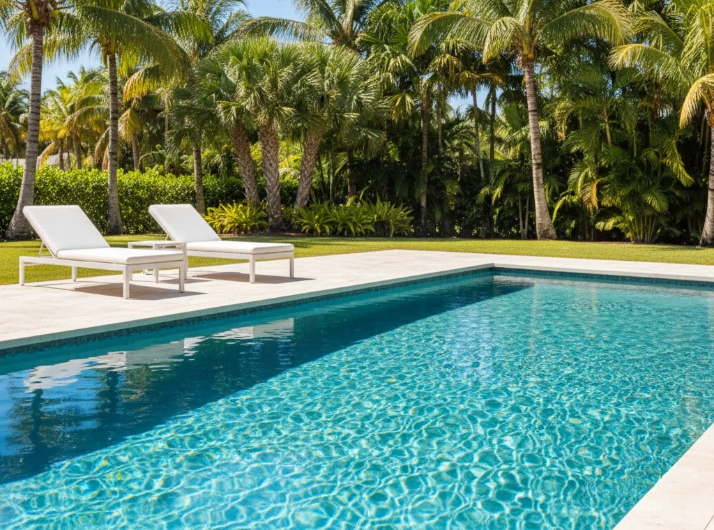 Relaxing Florida backyard patio with clean pool and palm trees.