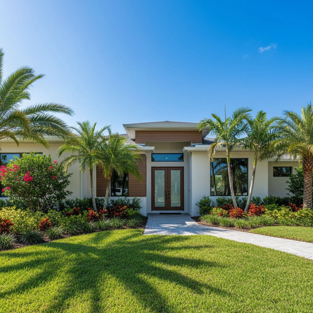Florida home front entrance with clean landscaping and welcoming vibe.