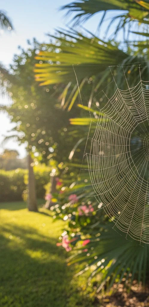Spider web between palm leaves in Florida garden sunlight.