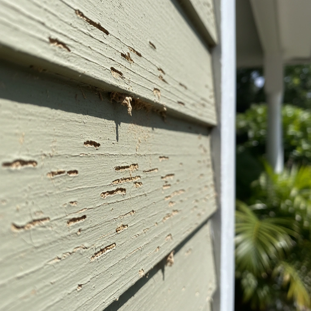 Termite-damaged wood siding on a Florida home.